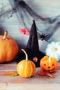 Happy Halloween, pumpkins, Jack lantern with a burning candle, autumn leaves and mystical decorations Royalty Free Stock Photo