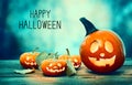 Happy Halloween with pumpkins at night Royalty Free Stock Photo