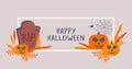 Happy Halloween. Pumpkins, spider, net, autumn leaves, headstone. Holiday design. Halloween background Royalty Free Stock Photo