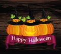 Happy Halloween pumpkins with a witch hat. Ribbon for text. Vector on wooden background. greeting card or invitation for a holiday Royalty Free Stock Photo