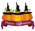 Happy Halloween pumpkins with a witch hat. Ribbon for text. Vector Royalty Free Stock Photo