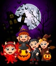 Happy Halloween purple background with children in Halloween costume