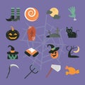 Happy halloween, purple background trick or treat party celebration flat icons set Royalty Free Stock Photo