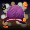 Happy Halloween, purple round template for your creativity with a garland, ribbon and Halloween balloons. Royalty Free Stock Photo