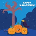 Happy halloween, raven on pumpkins tree night trick or treat party celebration