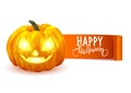 Happy Halloween realistic pumpkin and a ribbon message isolated Royalty Free Stock Photo