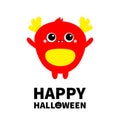 Happy Halloween. Red monster with two eyes, fang teeth, horns, ears. Funny Cute cartoon kawaii character. Baby collection. Flat