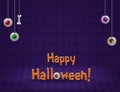 Happy Halloween room with purple diamond-shaped wall and hanging eyes vector background