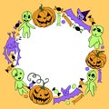 Happy Halloween-round frame of holiday design characters-pumpkin, Jack lantern, zombie, bat, candy Royalty Free Stock Photo