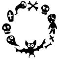 Happy Halloween-round frame of holiday design characters-zombie, bones, skulls, bat, tombstone, ghosts. Festive border, background