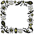 Happy Halloween-square frame of holiday design characters-zombie, bones, skulls, spider, bat, ghosts. Trick or treat-lettering.