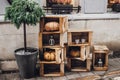 Happy halloween. rustic decoration with pumpkins and lanterns in