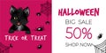 Happy Halloween sale banner or flyer. Cute black kitten with spiders and spiderweb. Royalty Free Stock Photo