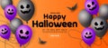 Happy Halloween sale banner with scary face ghost balloons, orange pumpkins, bats and gold glitter stars on orange background. Royalty Free Stock Photo