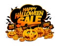 Happy halloween sale banner with talking about discounts pumpkins crowd Royalty Free Stock Photo