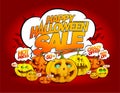 Happy halloween sale banner with talking pumpkins crowd, speech bubbles