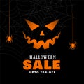 Happy halloween sale black background with spiders and ghost face
