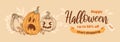 Happy halloween sale. Bright horizontal banner in sketchy style, vintage earthy tones. Jack o lantern. Pumpkin with