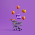 Happy Halloween sale with Jack-o-Lantern pumpkins, shopping bag and balloons on purple background Royalty Free Stock Photo