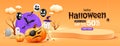 Happy Halloween sale, orange podium 3D banner design on orange background