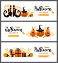 Happy halloween sale. Set vector horizontal banner in cartoon style. Pumpkin jack-o-lantern, gifts, witch hat, striped Royalty Free Stock Photo