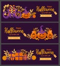 Happy halloween sale. Set vector horizontal banner in cartoon style. Pumpkin jack-o-lantern, gifts, witch hat, striped Royalty Free Stock Photo