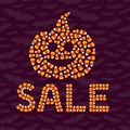 Happy Halloween sale typography poster. Holiday advertisement lettering. Candy corn text effect. Jack o lantern pumpkin