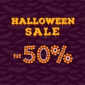 Happy Halloween sale typography poster. Holiday advertisement lettering. Candy corn text effect. Trick or treat backdrop