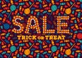 Happy Halloween sale typography poster. Holiday advertisement lettering. Candy corn text effect. Trick or treat backdrop