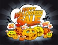 Happy halloween sale vector banner with pumpkins crowd and speech bubbles Royalty Free Stock Photo