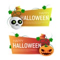 Happy Halloween Sale vector banner or sticker design template with leaves, pumpkin and skull