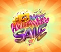 Happy halloween sale web banner template with funny shopper bags personages and shiny 3D lettering