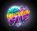 Happy halloween sale web banner vector template with funny shopper bags personages and shiny 3D lettering