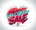 Happy Halloween sale web banner vector template with funny shopper bags personages