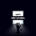 Happy Halloween scary banner or invitation with opened door and zombie hand rising out from the ground in black and white colors Royalty Free Stock Photo
