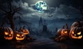 Happy Halloween and scary night background. A haunted cemetery in the woods with glowing pumpkins Royalty Free Stock Photo