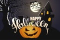 Happy Halloween. Scary pumpkin and Happy Halloween text on dark spooky cemetery with grave stones, tree, haunted house and flying Royalty Free Stock Photo