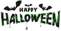 Happy Halloween scary text and bat silhouettes, spider and spiderweb