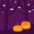 Happy Halloween. Scary tree forest scene landscape. Pumpkin set. Ghost spirit eyes eyeballs looking in the dark. Boo. Cute cartoon Royalty Free Stock Photo