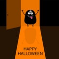 Happy Halloween. Screaming monster silhouette standing at doorway. Three eyes, teeth, big tongue spooky hands. Open door shadow. B