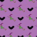 Happy Halloween seamless pattern background with flying witches on broomsticks and bats.