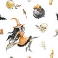 Happy Halloween seamless pattern background. Witch on a broomstick Royalty Free Stock Photo