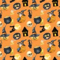 Happy Halloween seamless pattern background. Young beautiful witch. Funny pumpkin, ghost, black cat, monsters. Watercolor illustra Royalty Free Stock Photo