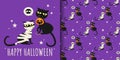 Happy Halloween seamless pattern of cute mummy cat and black cat with Halloween candies in pumpkin basket on purple background. Royalty Free Stock Photo