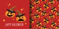 Happy Halloween Seamless Pattern Of Cute Halloween Pumpkin With Witches Hat And Star On Red Background.