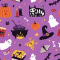 Happy Halloween seamless pattern with decoration carnival elements. Mystical magic art, cartoon style. Trendy modern Royalty Free Stock Photo