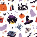 Happy Halloween seamless pattern with decoration carnival elements. Mystical magic art, cartoon style. Trendy modern Royalty Free Stock Photo