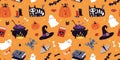 Happy Halloween seamless pattern with decoration carnival elements. Mystical magic art, cartoon style. Trendy modern Royalty Free Stock Photo