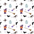 Happy Halloween, seamless pattern with ghosts, little witch, broomstick, bats, magic potion on transparent background