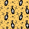 Happy Halloween. Seamless pattern of Graves, Tombstone, crosses, bones and black cats. Night at the cemetery, isolated. Vector